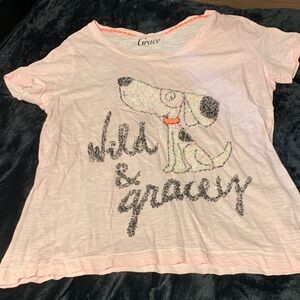 #482 Grace Light Pink Sequins Tee with Dog Graphic blingy